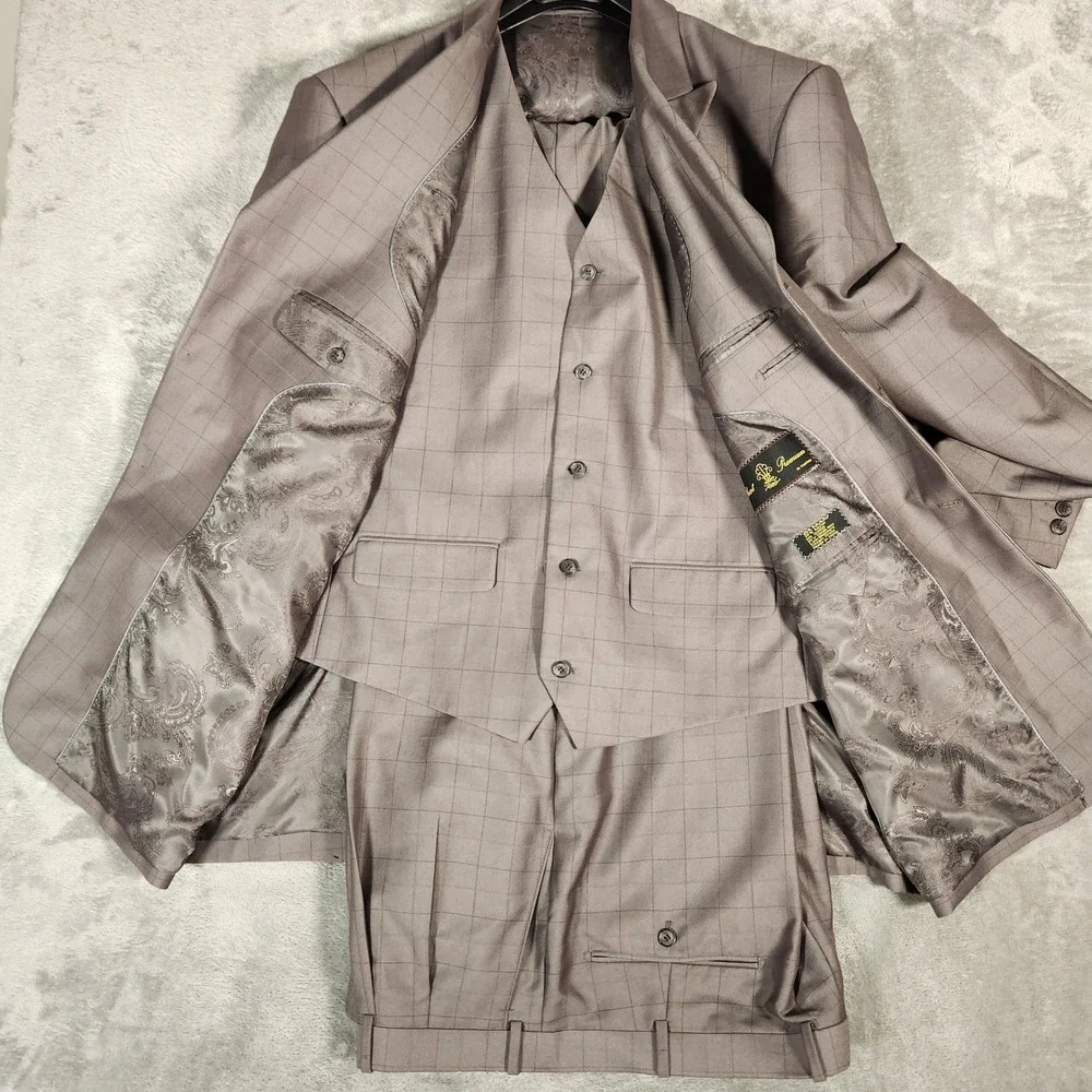 Phat Farm Premium Mens‎ 3 Piece Suit 52L Grey Plaid Polyester Rayon Business